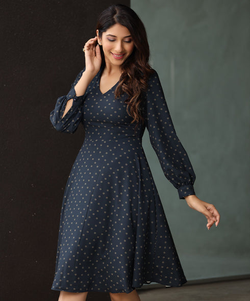 Vneck Puffed Sleeve Printed Dress